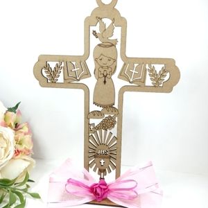 Wooden Cross First Communion Girl Centerpiece. Christian Party Decorations.